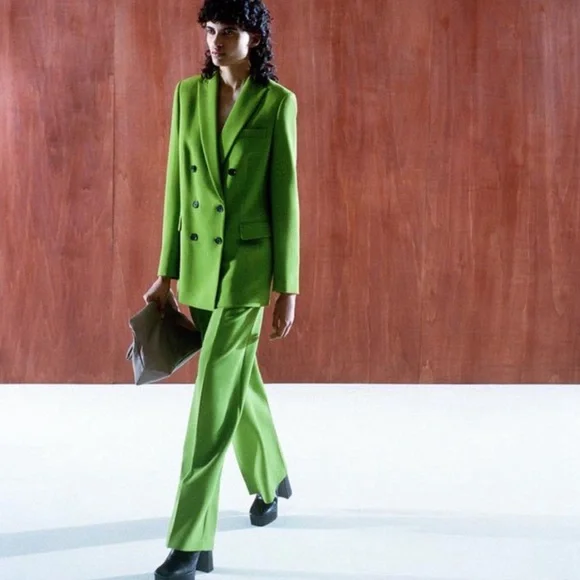 Zara green mid rise pleat suit pants - Picture 2 of 2